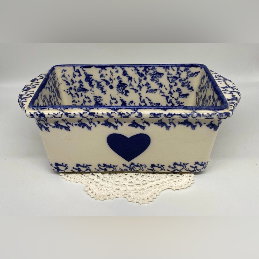 Vintage Large Blue Spongeware Pottery Loaf Dish with Heart - 1980s